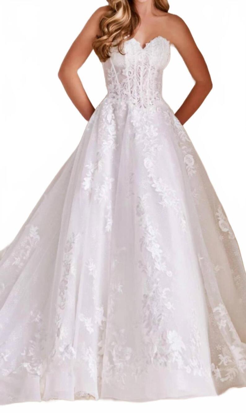 NEW MON CHERI rose strapless lace wedding dress in white